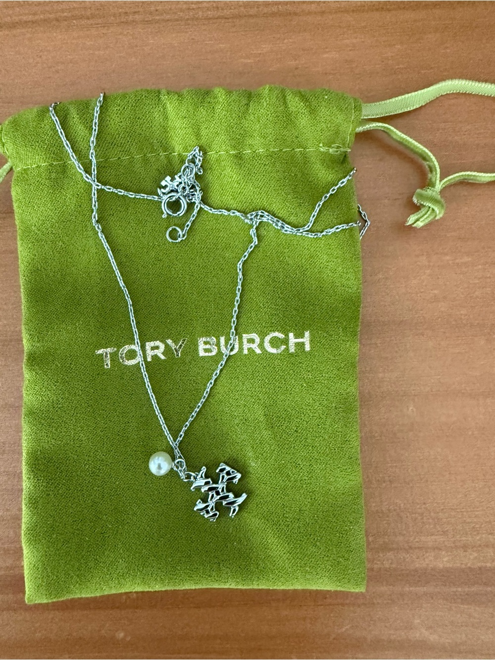 Tory Burch Silver Logo Pendant Necklace with Pearl